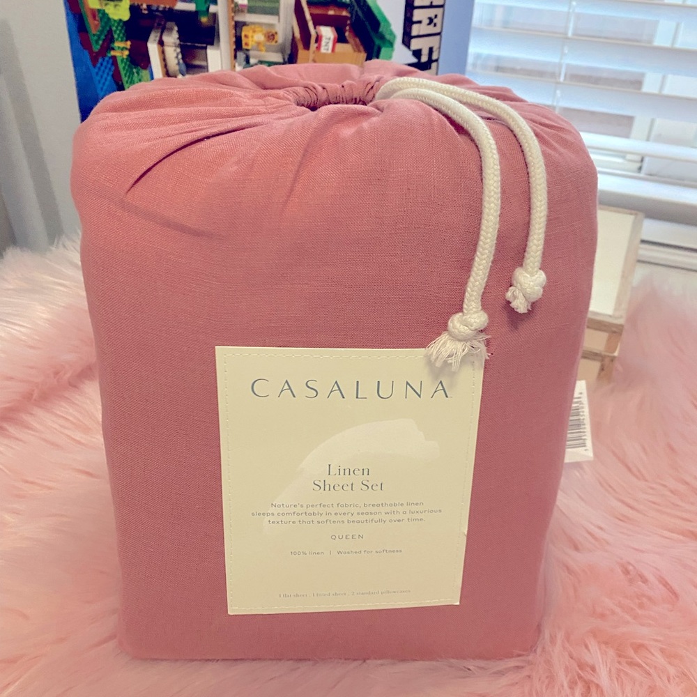 Queen 100% Washed Linen Solid Sheet Set Rose CASALUNA